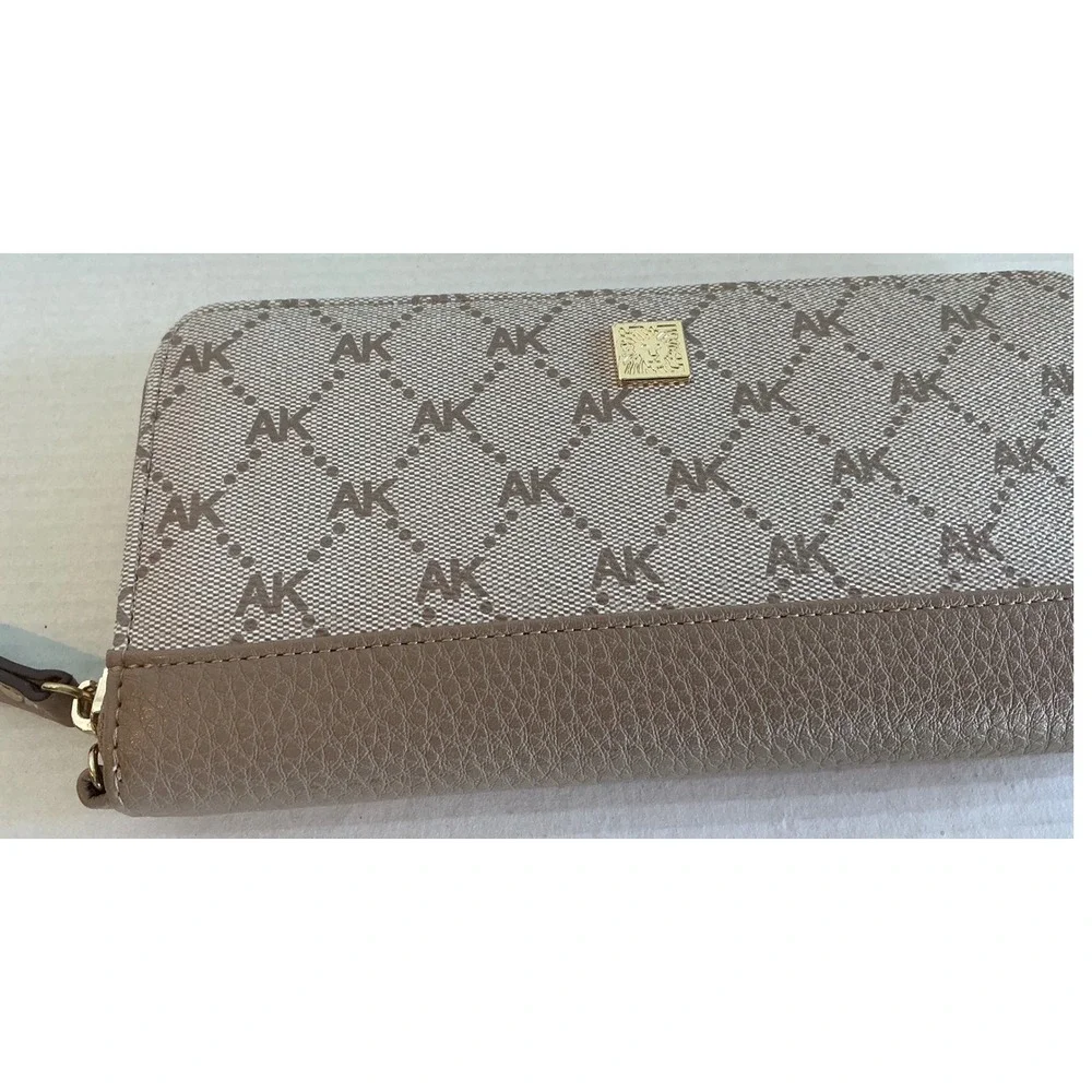 Anne Klein Monogram Zip Around Wallet Taupe Beige Logo Gold Tone Lion Large Slim